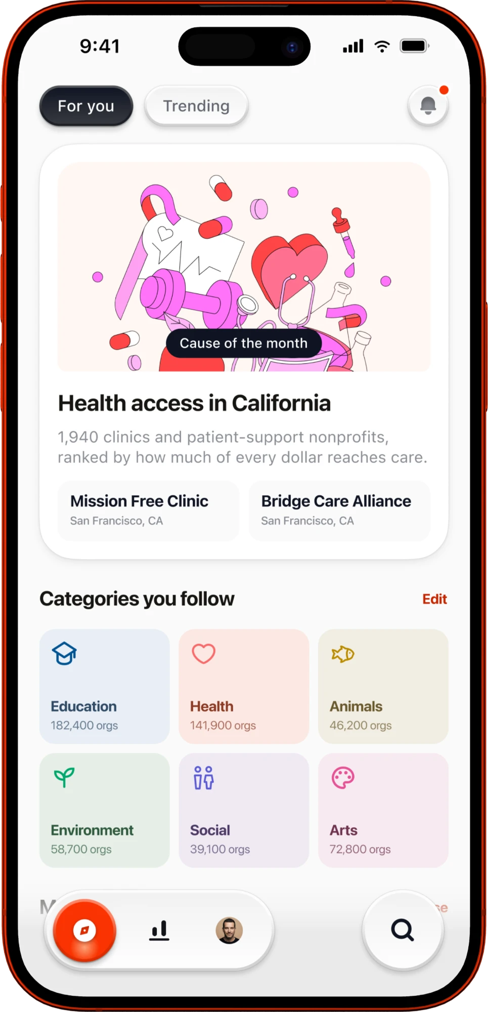 Benefi Global mobile app: the For you feed with the Cause of the month card and the categories a donor follows